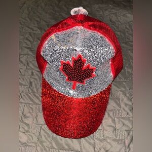 NEW CANADIAN SEQUIN FANCY BASEBALL CAP adjustable red silver ONE SIZE